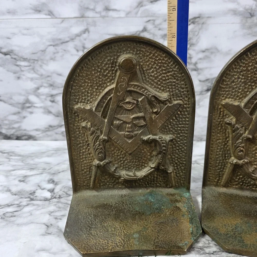 Vtg Masonic Brass Copper? Bookends Square And Compasses Pair Freemason Eye